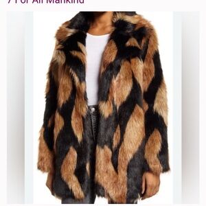 7 For All Mankind Black and Brown Chevron Faux Fur Coat xs nwt